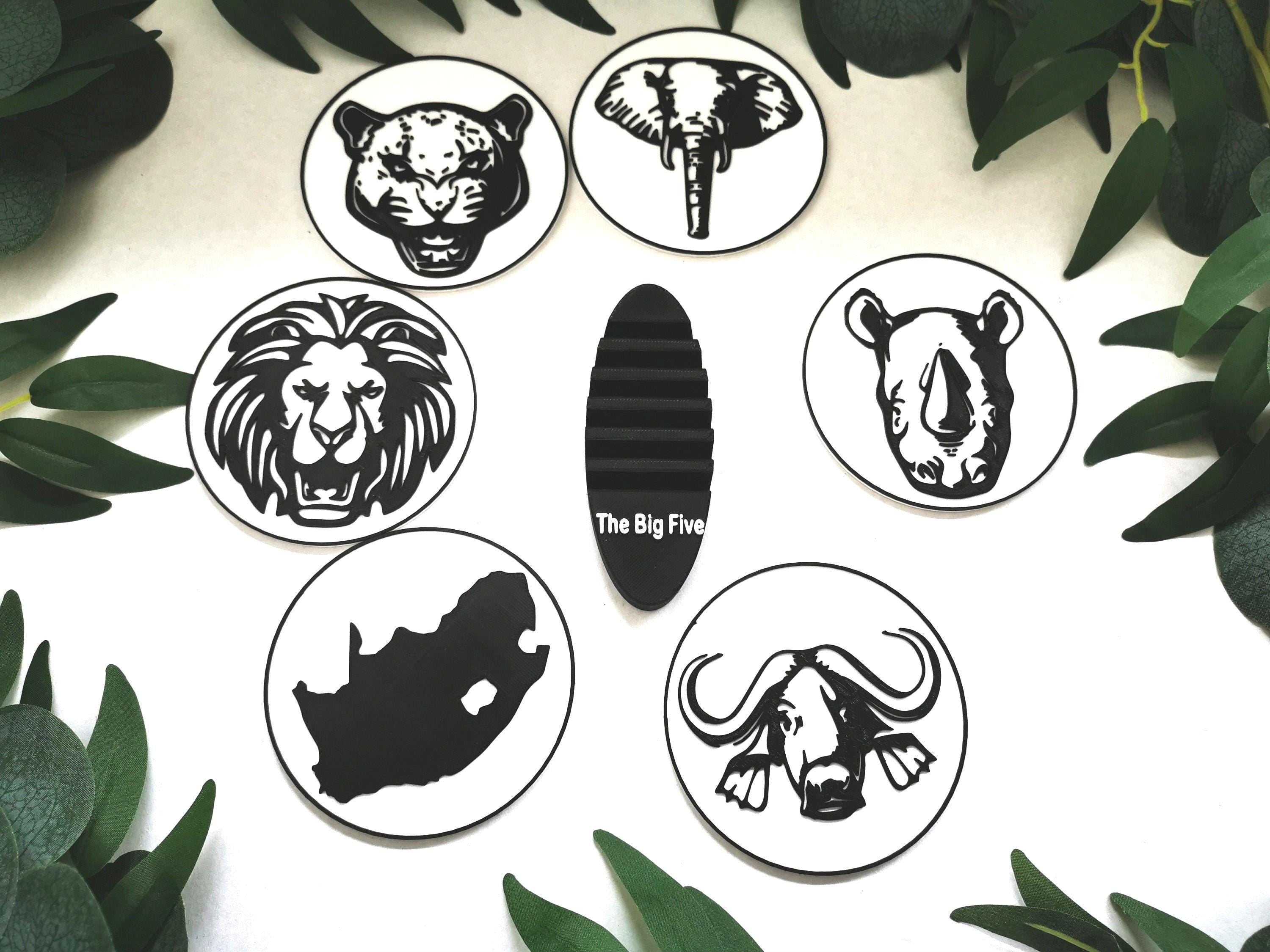 Coaster set (6): lion, leopard, rhinoceros, elephant, buffalo and the map of South Africa | coasters, handmade | The big five